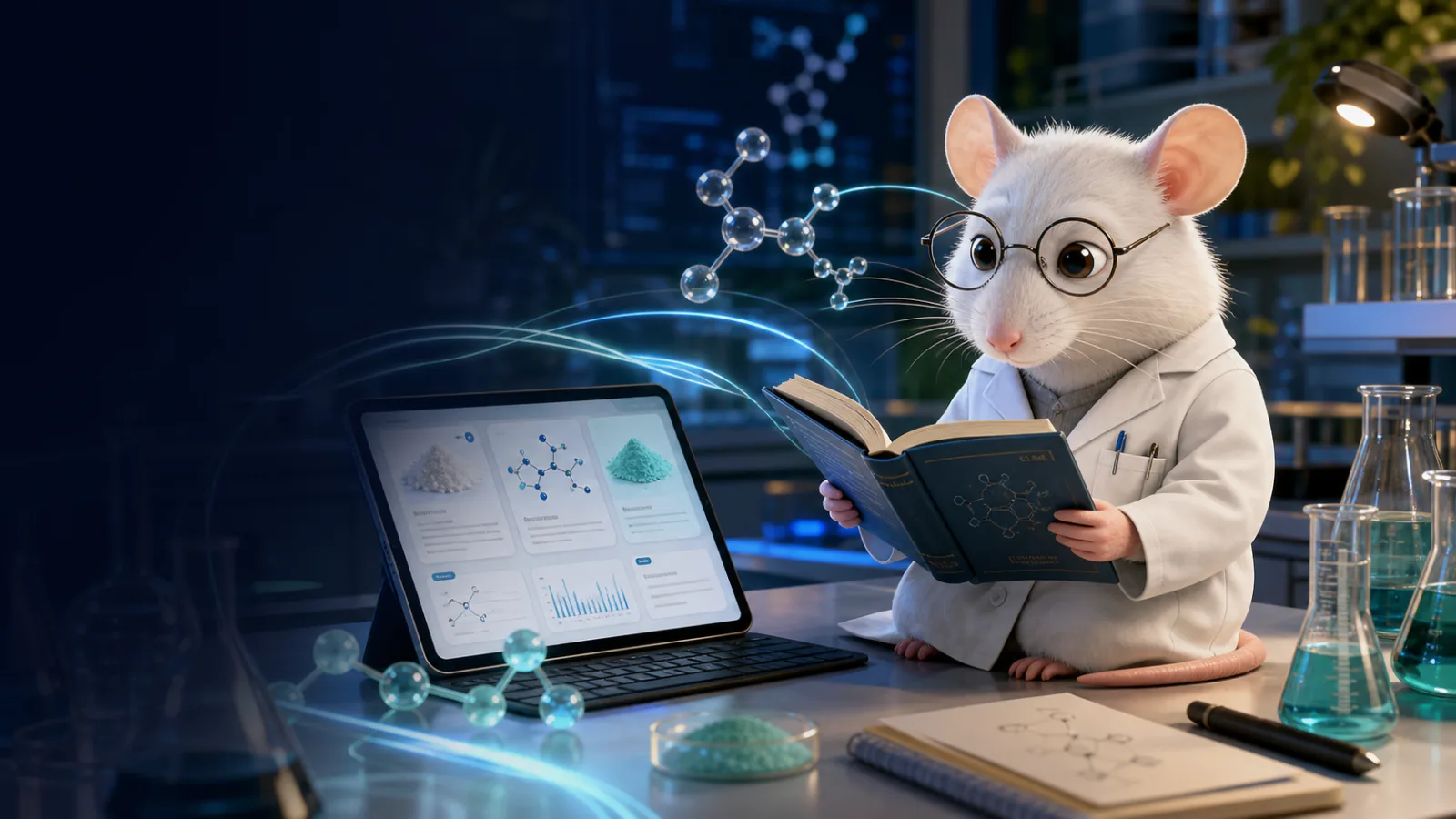 LabRat AI research assistant reading a formulation book in a laboratory