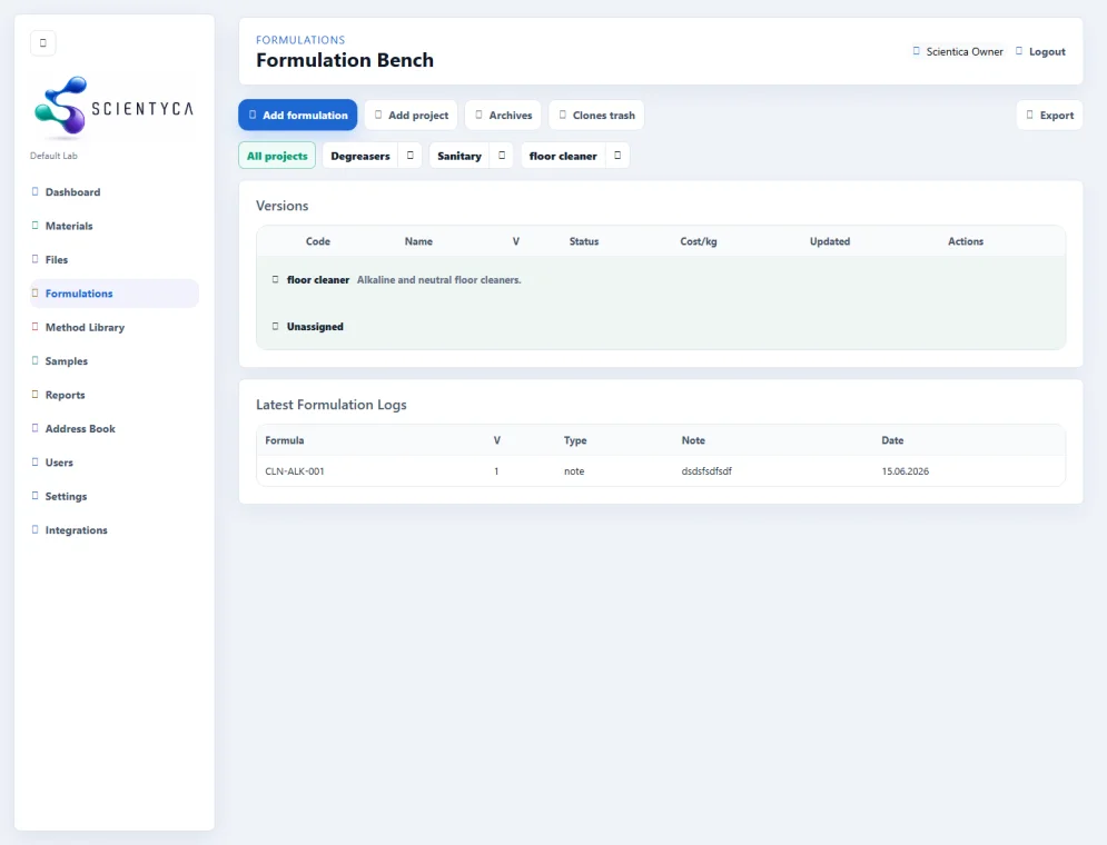 SCIENTYCA formulations module screenshot